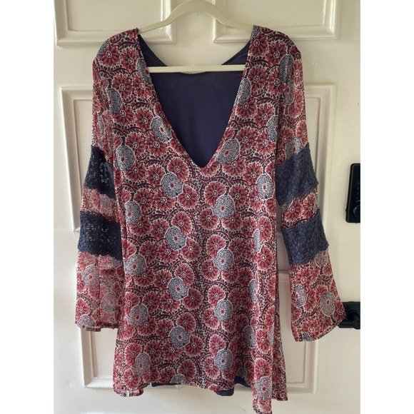 Volcom Red Navy Boho Dress True To This Tunic Cut Out Lace Inset Sleeves Lined, - Picture 4 of 15